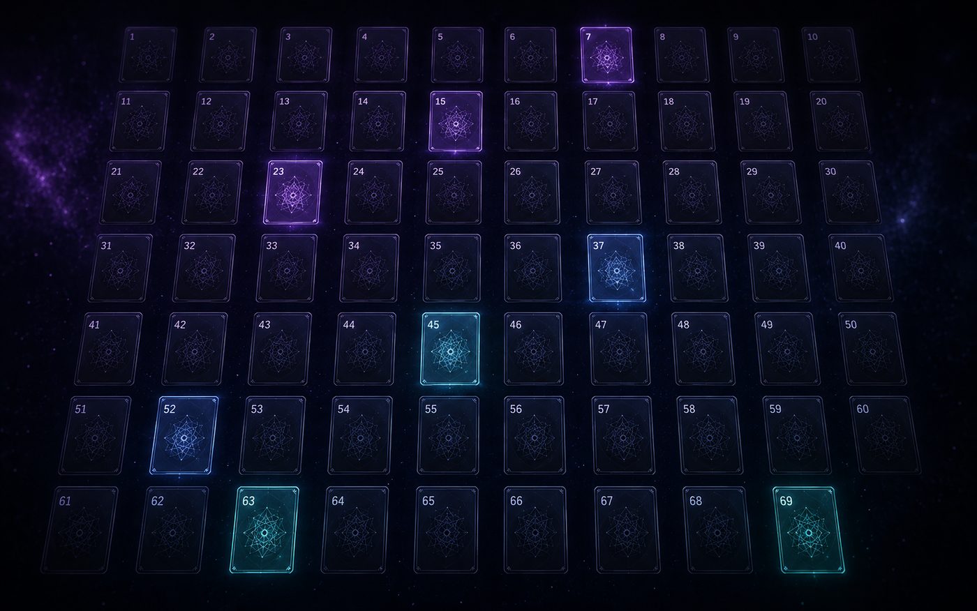 A grid of sixty-nine numbered cards, a few of them lit.